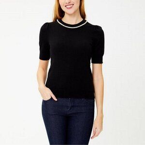 New Kate Spade Black Pearl-Embellished Short-Sleeve Sweater Size XXS